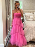 LTP1782,Elegant Open Back Layered Hot Pink Tulle Long Prom Dresses, Hot Pink Tulle Formal Graduation Evening HZ0307