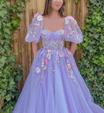 Elegant Floral Tulle 3D Flowers Prom Dresses With Bubble HZ0307