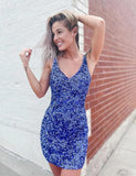Blue Sequin Bodycon Homecoming Dresses Tight, Mini Party HZ0307