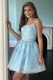 LTP1403,A Line Light Blue Tulle Homecoming Dress With Lace Appliques,Short Prom HZ0307