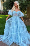 Sky Blue Puffy Sleeves Tulle Ruffles Long Prom HZ0307
