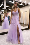 Lilac Appliques V-Neck Tulle Long Prom HZ0307