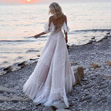Sweet White Lace Champagne Lining Tulle Wedding Dresses, Spaghetti Straps Off The Shoulder Bohemia Wedding HZ0307