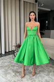 LTP1270, Green Sleeveless Tea Length Satin Prom Dresses, A-Line Evening Party HZ0307