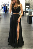 LTP1632,Two Pieces Black Satin Long Prom Evening Dresses,Sleeveless Vintage Formal HZ0307