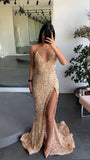 LTP1657,Gold engagement dress spaghetti straps prom dress leg split sequins evening HZ0307