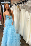 Beaded Sweetheart Light Blue Ruffles Long HZ0307