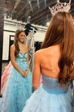 Beaded Sweetheart Light Blue Ruffles Long HZ0307