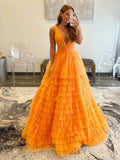 LTP1267, Elegant V Neck Layered Orange Tulle Long Prom Dresses, V Neck Orange Formal Graduation Evening HZ0307