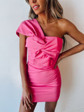 LTP1419,Hot Pink Bowknot Satin Homecoming Dresses One Shoulder Cocktail HZ0307