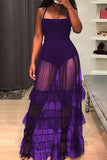 LTP0852,Lovely Trendy Spaghetti Strap Sleeveless See-Through Flounce Purple Cotton Blend Floor Length Prom Evening HZ0307