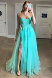 Spaghetti Straps A-line Prom Dresses Tulle Appliqued HZ0307