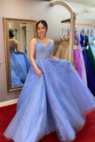 Straps Blue Appliques A-line Long Formal HZ0307