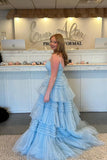 Straps Light Blue Tulle Ruffles A-line Formal HZ0307