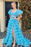 Puffy Sleeves Blue Floral Print Ruffles Long Prom HZ0307
