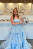 Straps Light Blue Tulle Ruffles A-line Formal HZ0307