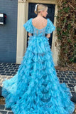 Puffy Sleeves Blue Floral Print Ruffles Long Prom HZ0307