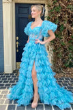 Puffy Sleeves Blue Floral Print Ruffles Long Prom HZ0307