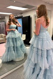 Straps Light Blue Tulle Ruffles A-line Formal HZ0307