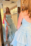 Straps Light Blue Tulle Ruffles A-line Formal HZ0307