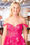 Off the Shoulder Fuchsia Tulle Sequin Prom HZ0307