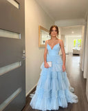 LTP1230,Charming A Line V Neck Light Blue Tulle Long Prom HZ0307