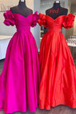 Flower Sleeves A-Line Hot Pink Evening Party Dress, Blue Long Satin Prom Dress HZ0307