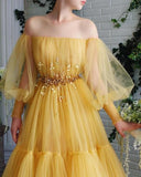 Yellow tulle lace long prom dress party HZ0307