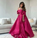 Fuchsia A-Line Satin Prom Dress, Hot Pink Bubble Sleeves Prom Dress HZ0307