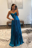 Sweetheart Metallic Yellow Pleated Long Formal HZ0307