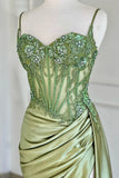Spaghetti Straps Sage Beaded Satin Long Formal HZ0307