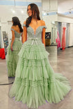 Princess Off The Shoulder Tiered Long Prom HZ0307