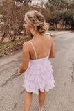 LTP1418,Light pink tiered homecoming dresses ruffles short homecoming dress spaghetti straps party HZ0307