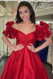 Flower Sleeves A-Line Hot Pink Evening Party Dress, Blue Long Satin Prom Dress HZ0307