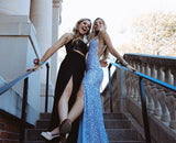 LTP1028,Sparkly Mermaid V Neck Straps Sequins Blue Prom Dress,Glitter Slit Evening HZ0307