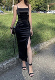 LTP1832,Spaghetti Straps Black Satin Sheath Prom Homecoming HZ0307