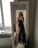 Sexy Black Straps Long Prom Evening Dresses with High Side HZ0307