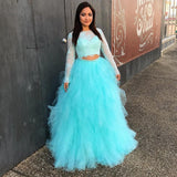 LTP1002,Two pieces prom dresses long sleeves lace tulle evening formal HZ0307