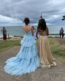 LTP1230,Charming A Line V Neck Light Blue Tulle Long Prom HZ0307