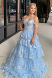 Cold Shoulders Light Blue Sequin Tulle Long Formal HZ0307