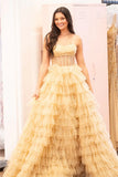 Charming Strapless Ruffles Sequin Tulle Long Prom HZ0307