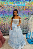 Cold Shoulders Light Blue Sequin Tulle Long Formal HZ0307
