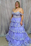Cold Shoulders Light Blue Sequin Tulle Long Formal HZ0307