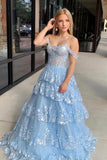 Cold Shoulders Light Blue Sequin Tulle Long Formal HZ0307