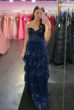 Straps Navy Blue Appliques Tulle Tiered Dress with HZ0307