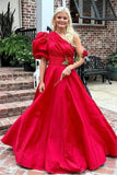 One Shoulder Red Satin A-Line Formal Gown Long Prom Dress HZ0307