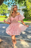 Off The Shoulder Light Blush Pink Tulle Homecoming HZ0307