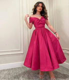 Off The Shoulder Preppy Prom Dress, Fuchsia Bowknot Top Satin Prom Dress, Discount 68% HZ0307