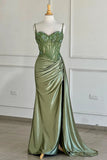 Spaghetti Straps Sage Beaded Satin Long Formal HZ0307