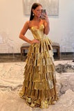Sweetheart Gold A-line Tiered Ruffle Long Formal HZ0307